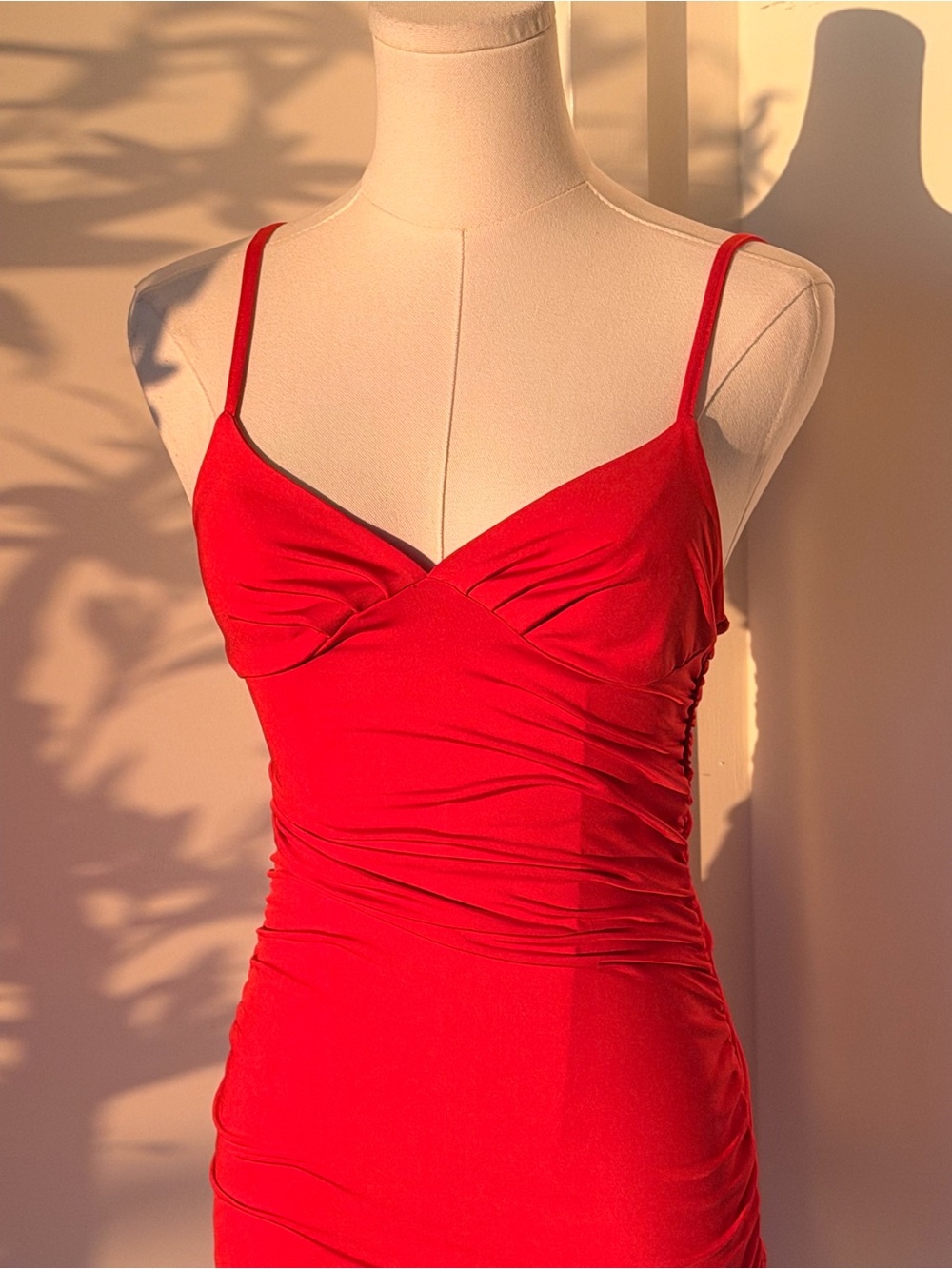 Red Ruched Ruffle-Hem Spaghetti Strap Mini Dress - Picture 2 of 4